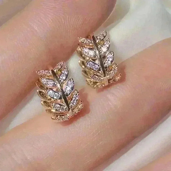 Zircon Olive Branch Leaf Small Hoop Earrings - Picture 1 of 6